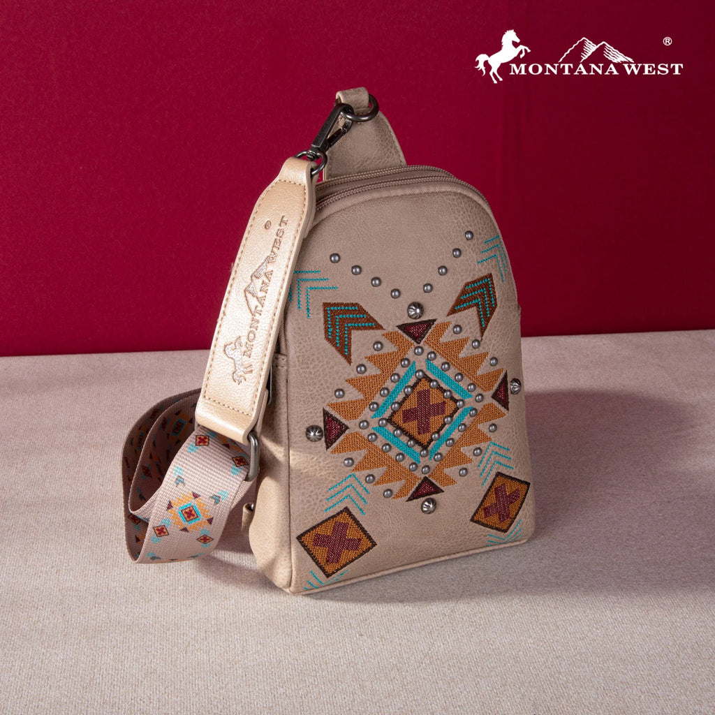 MW Embroidered Aztec Collection Sling Bag ~ Tan - Henderson's Western Store