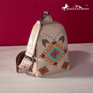 Load image into Gallery viewer, MW Embroidered Aztec Collection Sling Bag ~ Tan - Henderson&#39;s Western Store
