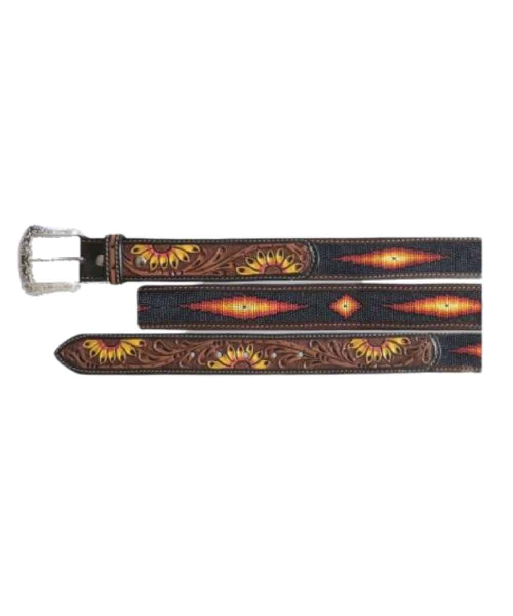 Twisted X Bead Inlay belt tooled and painted sunflower - Henderson's Western Store