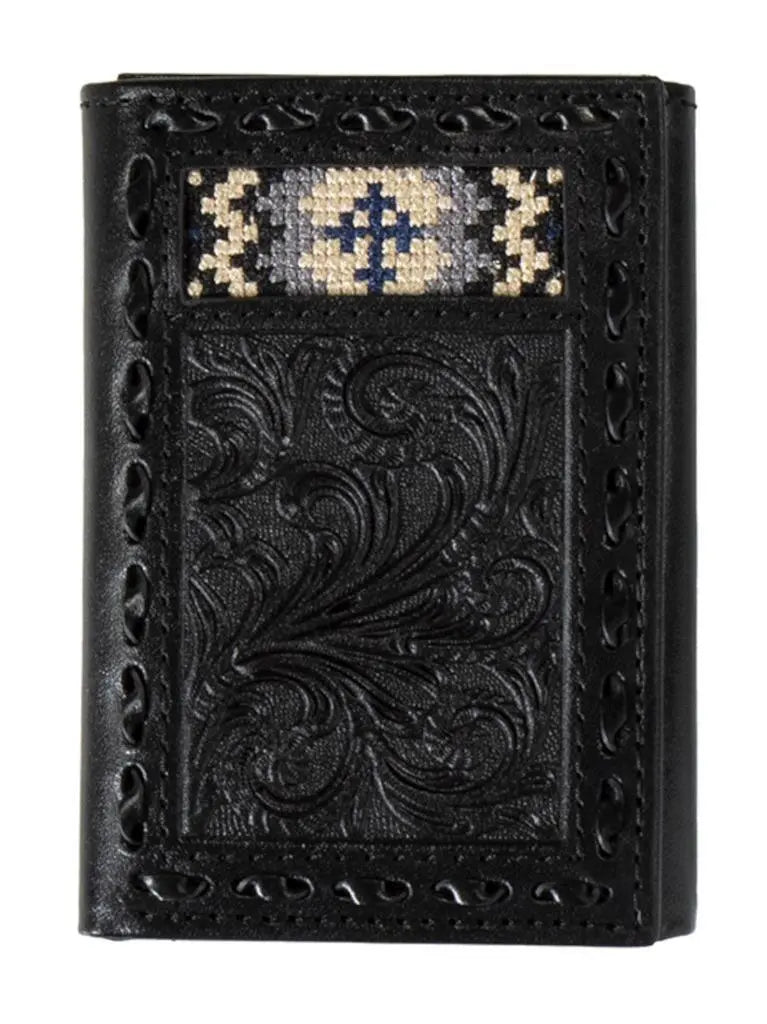 Black Leather Cross Inlay Trifold Wallet - Henderson's Western Store