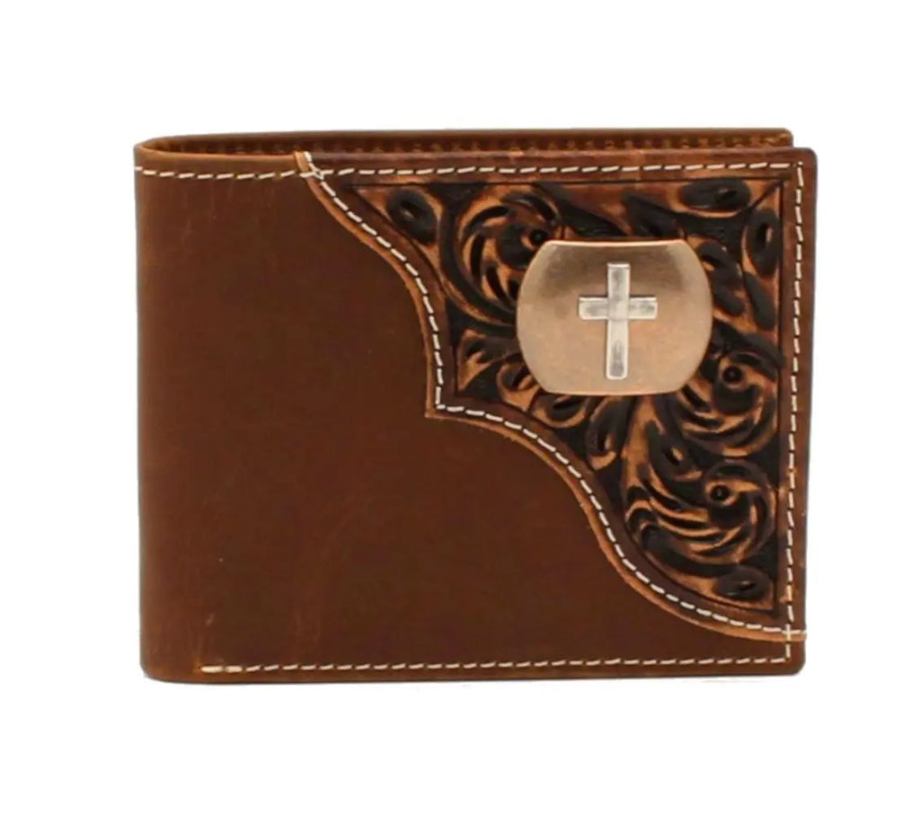 Floral Tooled Cross Conch Bifold Wallet - Henderson's Western Store