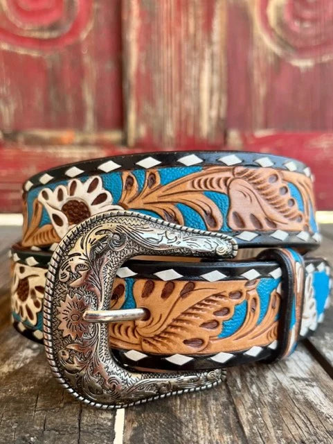 Buck Stitched Belt Men's Inch Wide Leather Belt Hand Carved
