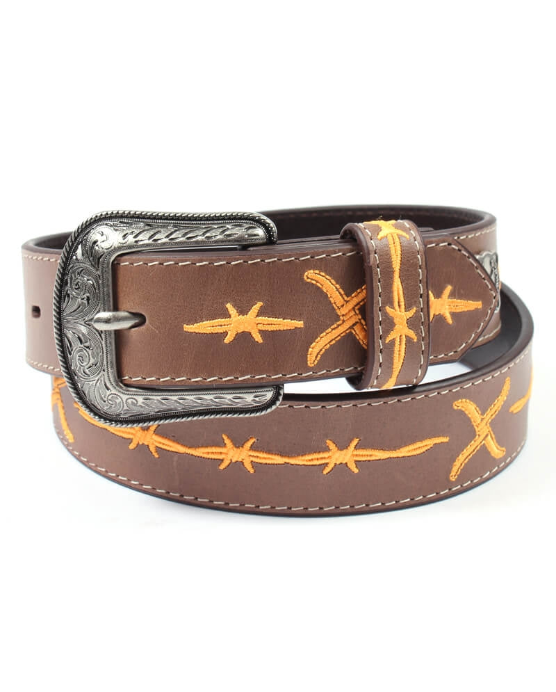 Youth Twisted X Belt with Embroidered Orange Barbwire - Henderson's Western Store