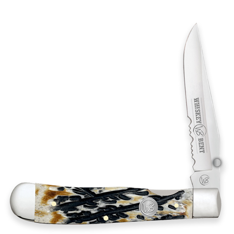 Whiskey Bent Knife ~ Trapper Locking ~ Carved Bone - Henderson's Western Store