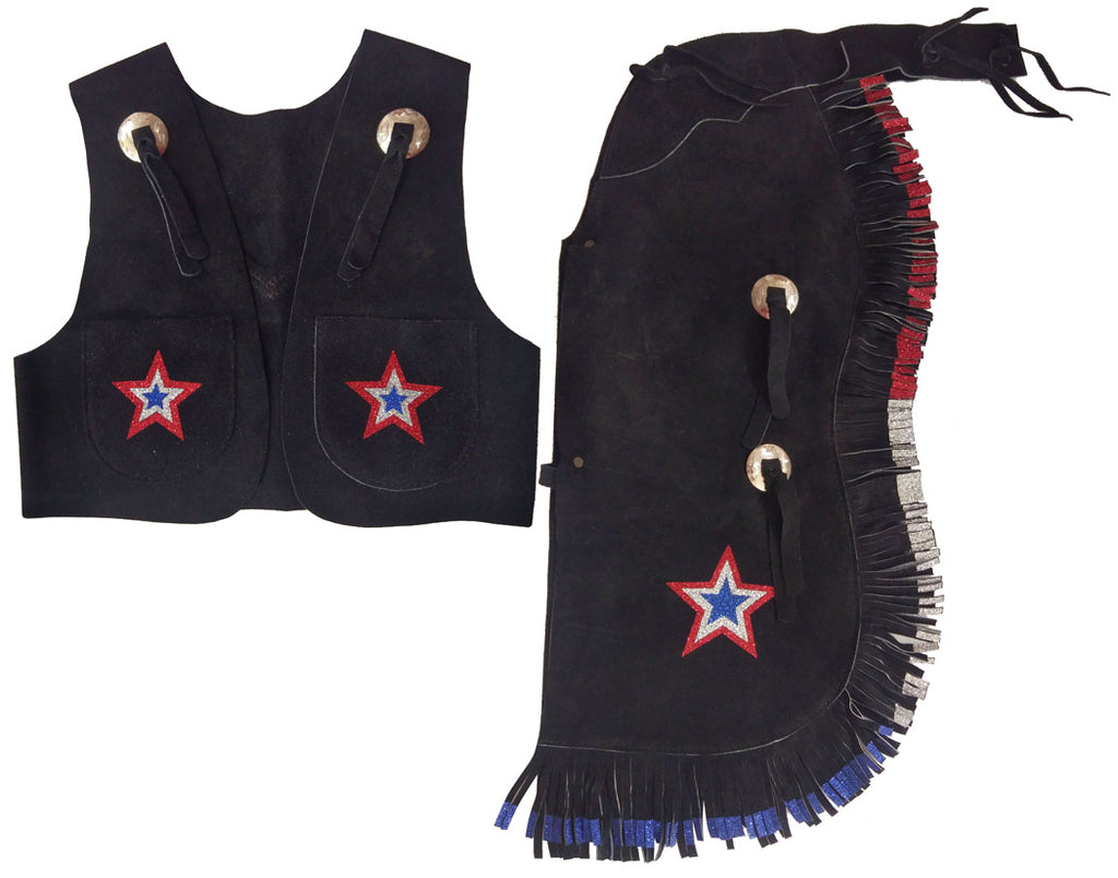 Youth Suede Chap & Vest Set ~ Red, White & Blue - Henderson's Western Store