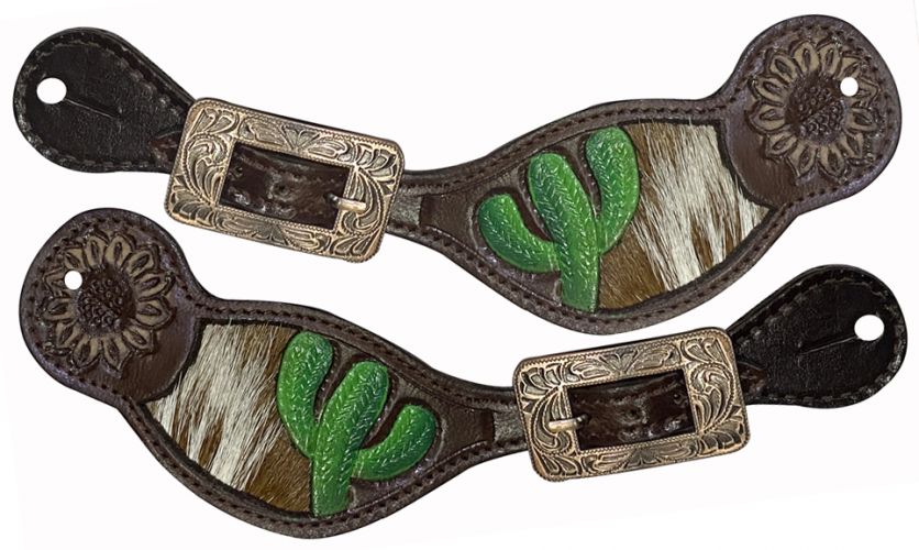 Cowhide Inlay Spur Strap ~ Cactus - Henderson's Western Store