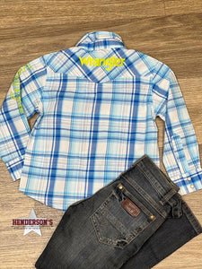 Load image into Gallery viewer, Boy&#39;s Wrangler Logo Plaid ~ Teal/Lime - Henderson&#39;s Western Store