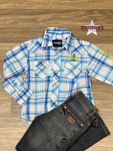 Load image into Gallery viewer, Boy&#39;s Wrangler Logo Plaid ~ Teal/Lime - Henderson&#39;s Western Store