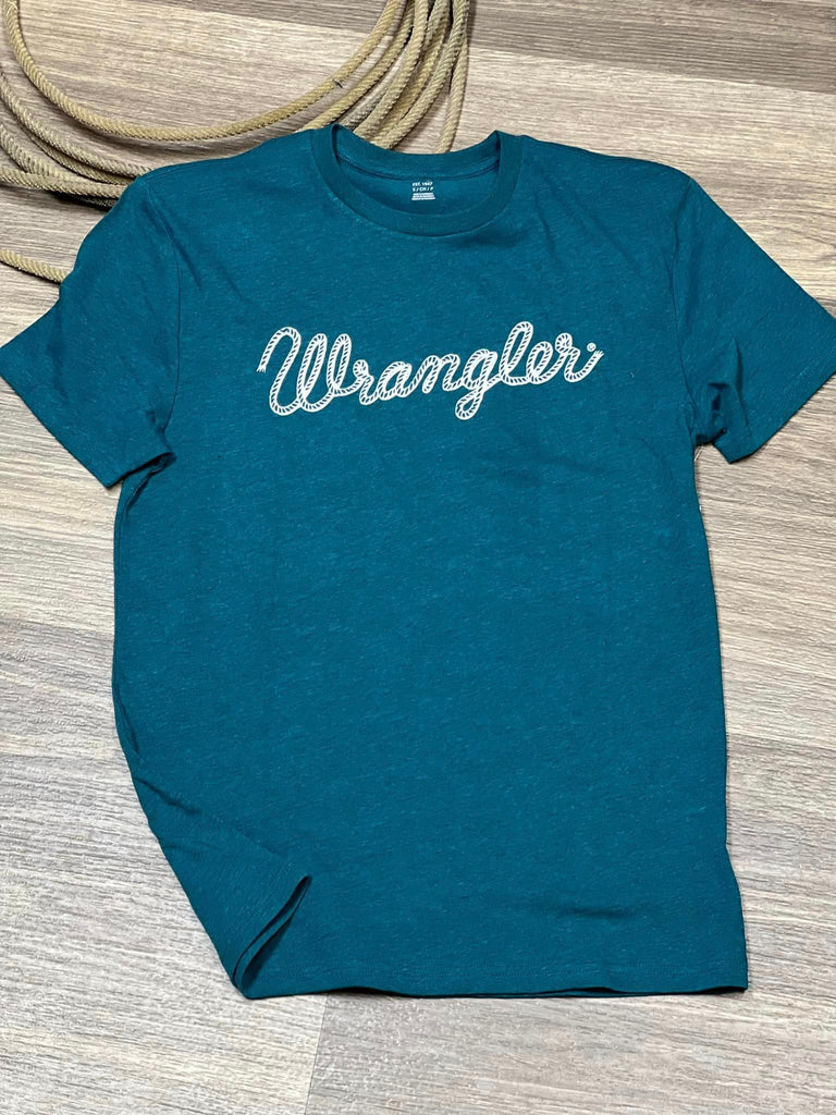 Men's Wrangler Rope Logo Tee ~ Cyan - Henderson's Western Store