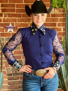 Load image into Gallery viewer, Sheer Sleeve Concealed Zipper Show Shirt ~ Navy - Henderson&#39;s Western Store
