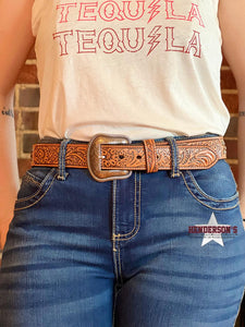 Load image into Gallery viewer, Floral Tooled Hair-On Belt - Henderson&#39;s Western Store