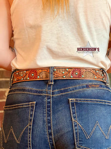 Load image into Gallery viewer, Red Flower Inlay Belt - Henderson&#39;s Western Store