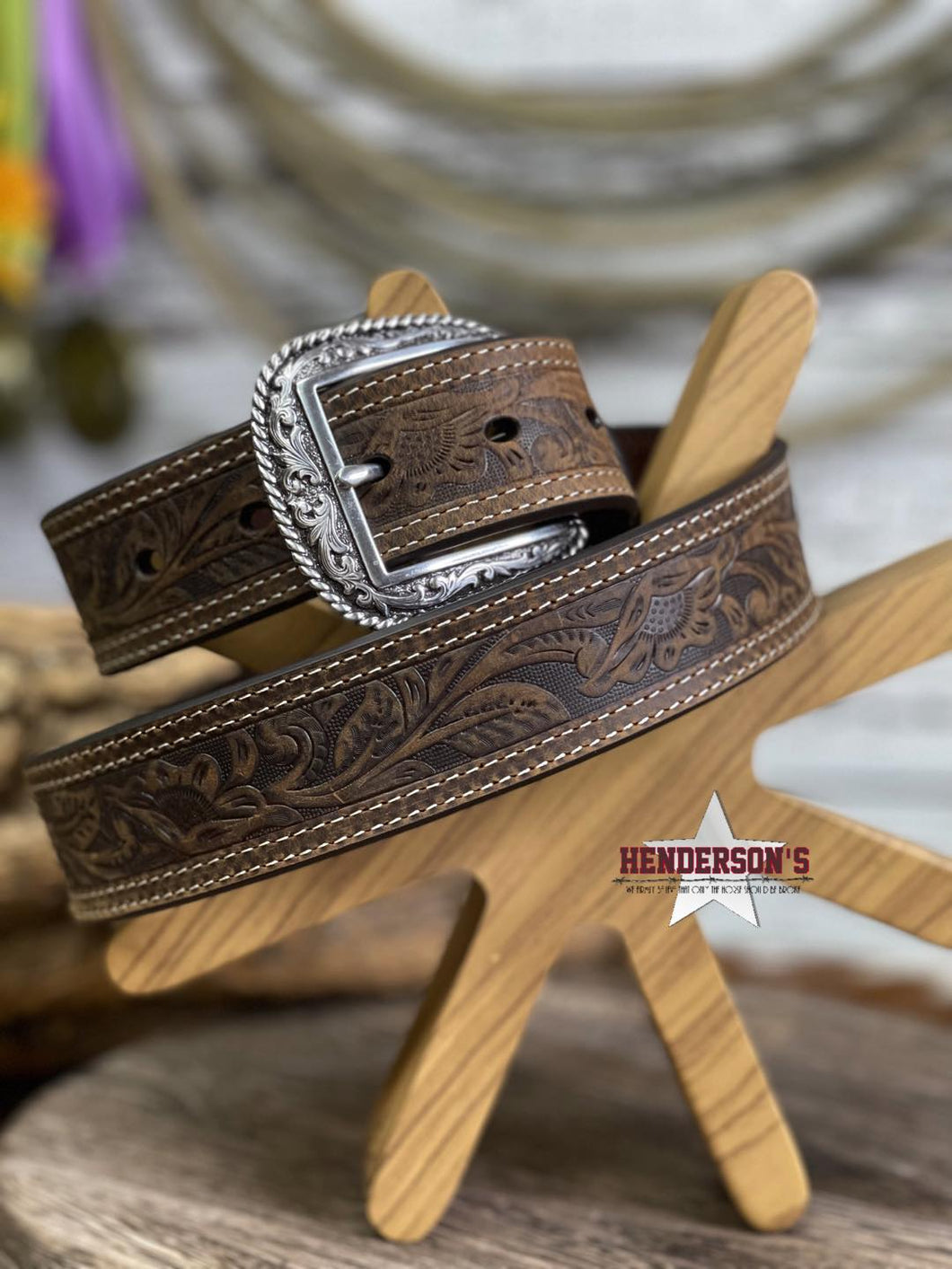 Floral Tooled Double Stitched Belt - Henderson's Western Store