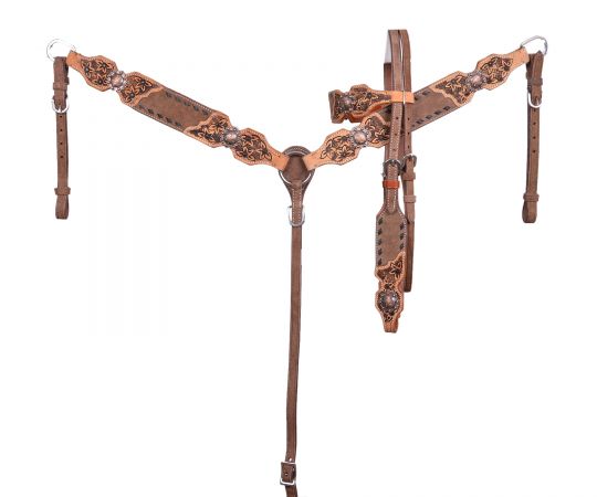 Floral Tooled Buckstitch Headstall & Breast Collar ~ Black - Henderson's Western Store