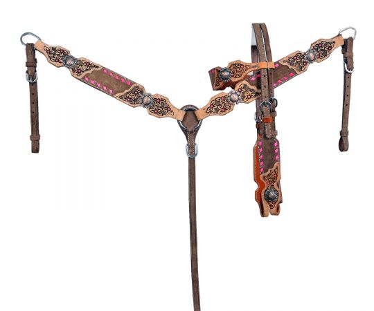 Floral Tooled Buckstitch Headstall & Breast Collar ~ Pink - Henderson's Western Store