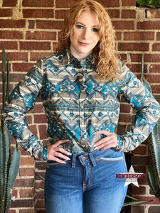 Load image into Gallery viewer, Ladies Khaki Aztec Shirt by Roper - Henderson&#39;s Western Store