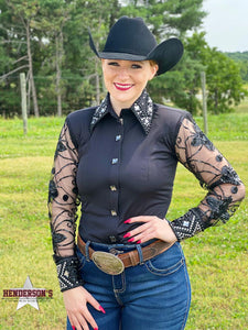 Load image into Gallery viewer, Sheer Sleeve Concealed Zipper Show Shirt ~ Black - Henderson&#39;s Western Store