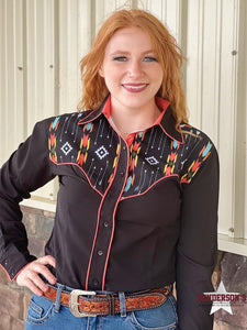 Load image into Gallery viewer, RHC Easy Care Button Down ~ Black/Coral Aztec - Henderson&#39;s Western Store