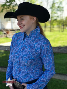 Load image into Gallery viewer, Lycra Front Zip Shirt ~ Blue Paisley - Henderson&#39;s Western Store