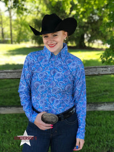 Load image into Gallery viewer, Lycra Front Zip Shirt ~ Blue Paisley - Henderson&#39;s Western Store