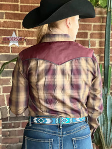 Load image into Gallery viewer, Ladies Retro Shirt by Roper ~ Burgundy &amp; Caramel - Henderson&#39;s Western Store