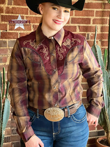 Load image into Gallery viewer, Ladies Retro Shirt by Roper ~ Burgundy &amp; Caramel - Henderson&#39;s Western Store