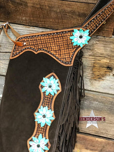 Load image into Gallery viewer, Chocolate Suede Chink W/Teal Flower chap Showman   