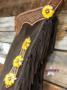 Load image into Gallery viewer, Chocolate Suede Chink W/Yellow Flower - Henderson&#39;s Western Store