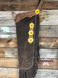 Load image into Gallery viewer, Chocolate Suede Chink W/Yellow Flower - Henderson&#39;s Western Store