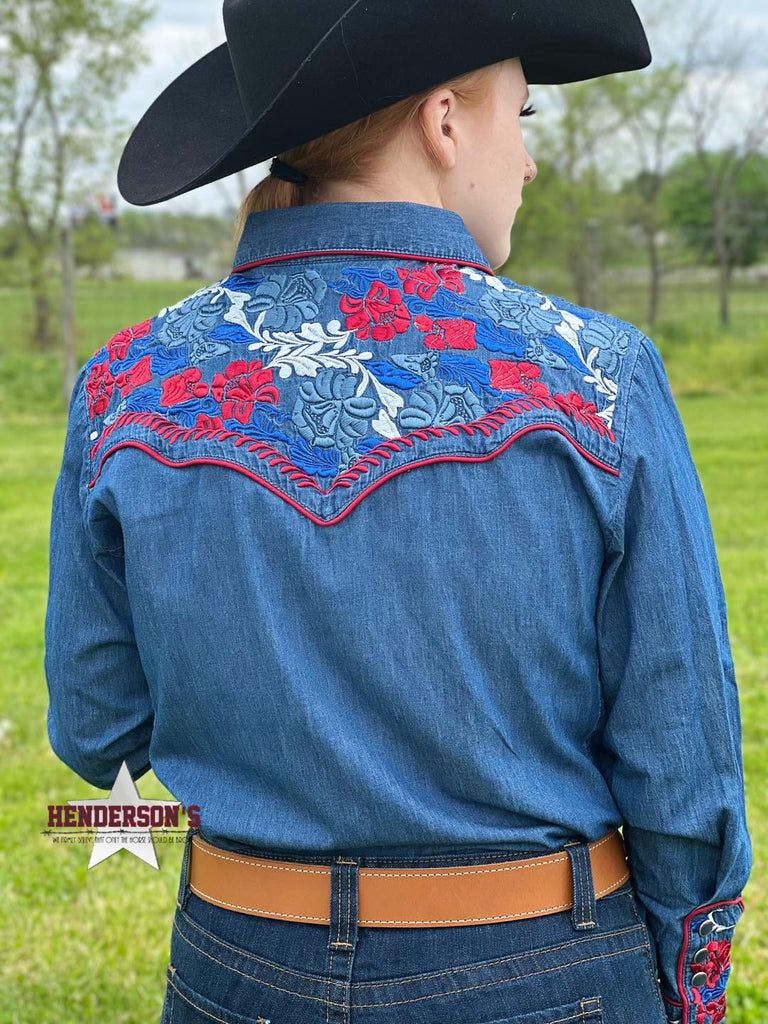 Red Floral Tooled Western Shirt ~ Denim Show Shirt Scully   