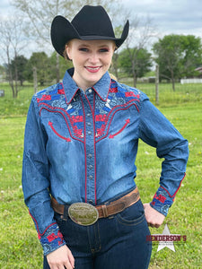 Load image into Gallery viewer, Red Floral Tooled Western Shirt ~ Denim Show Shirt Scully   