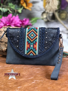Load image into Gallery viewer, Leather Aztec Crossbocy/Wristlet ~ Navy - Henderson&#39;s Western Store