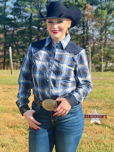 Load image into Gallery viewer, Ladies Retro Plaid Snap ~Navy - Henderson&#39;s Western Store