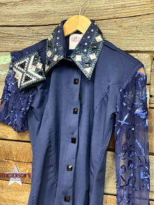 Load image into Gallery viewer, Sheer Sleeve Concealed Zipper Show Shirt ~ Navy - Henderson&#39;s Western Store