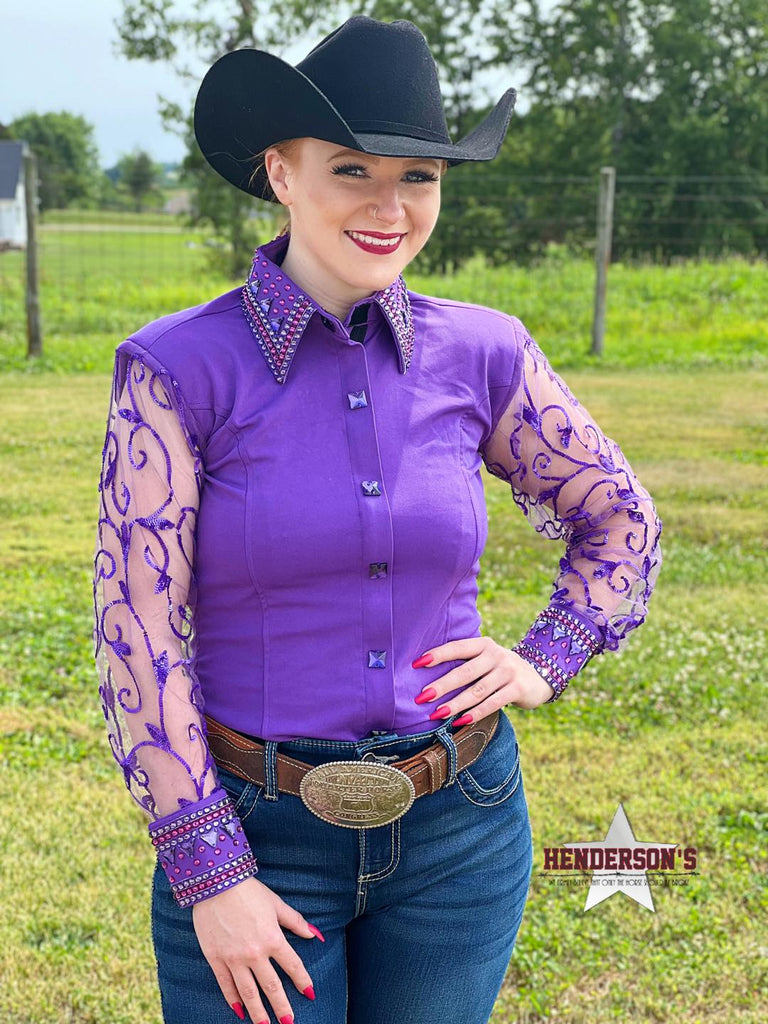 Sheer Sleeve Concealed Zipper Show Shirt ~ Purple - Henderson's Western Store