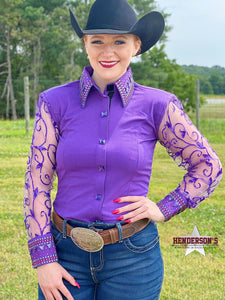 Load image into Gallery viewer, Sheer Sleeve Concealed Zipper Show Shirt ~ Purple - Henderson&#39;s Western Store