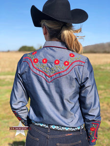 Load image into Gallery viewer, Rangers Original Shirt ~ Denim W/Red Floral - Henderson&#39;s Western Store