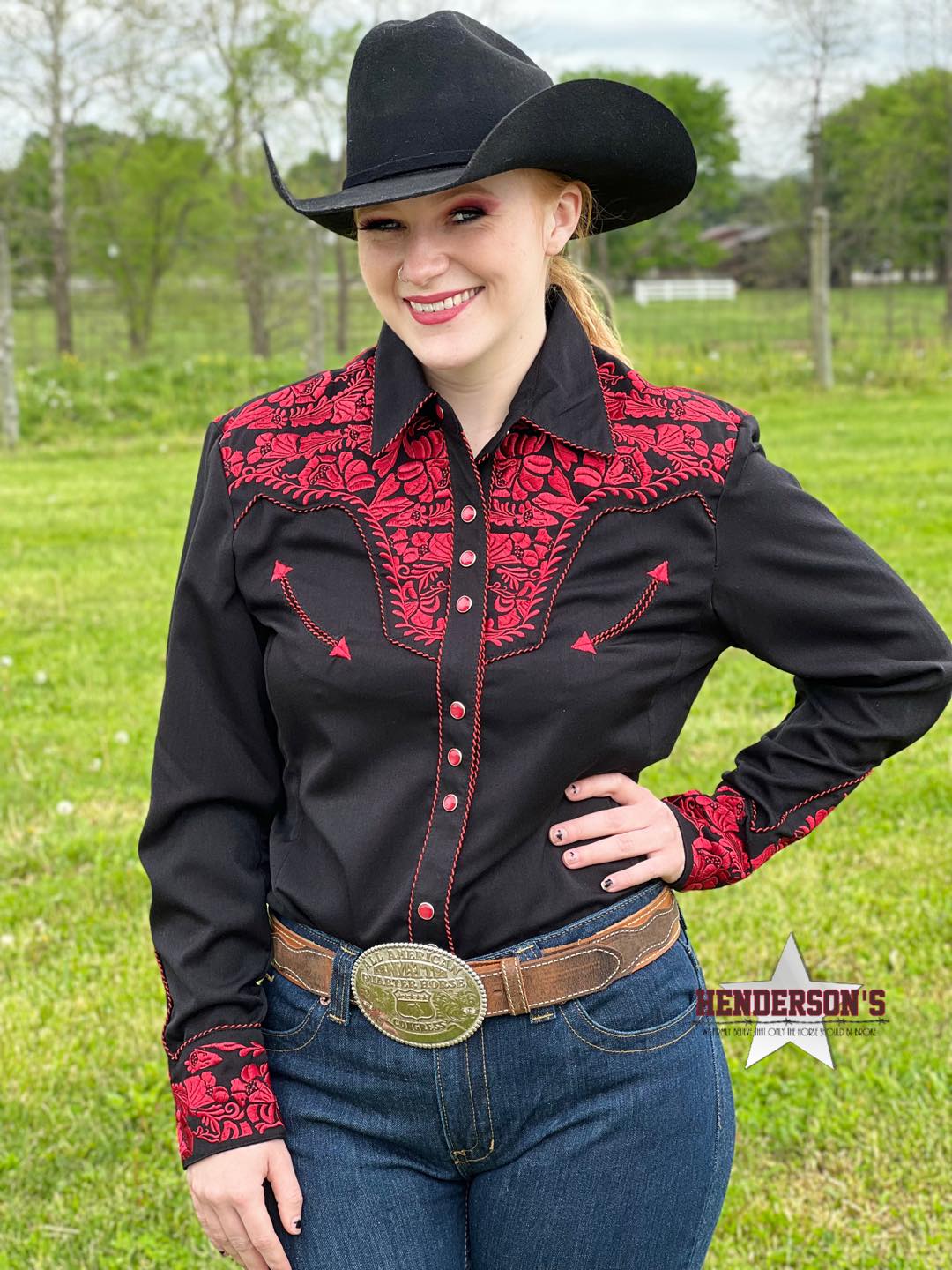 Floral Tooled Western Shirt ~ Crimson | Henderson's Western Store