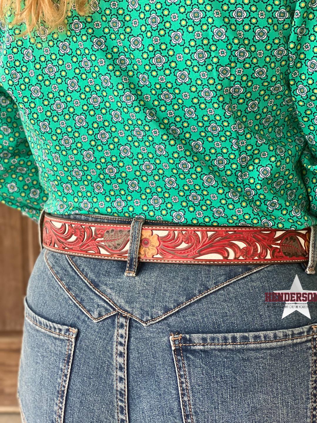 Ladies Red Floral Tooled Belt - Henderson's Western Store