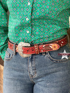 Ladies Red Floral Tooled Belt - Henderson's Western Store