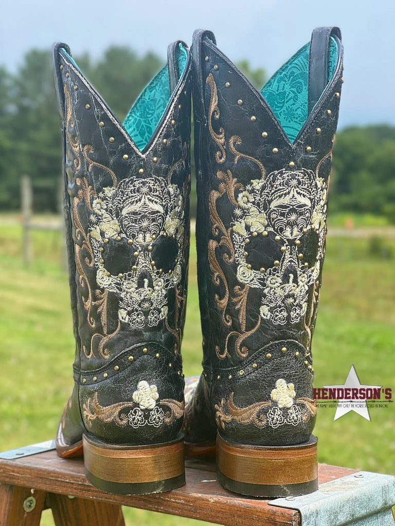 Floral Skull Embroidery Boots - Henderson's Western Store