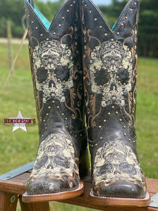 Load image into Gallery viewer, Floral Skull Embroidery Boots - Henderson&#39;s Western Store