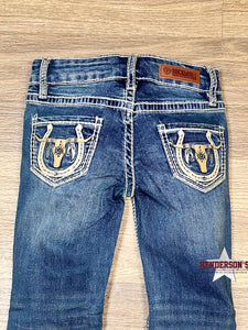 Load image into Gallery viewer, Girl&#39;s Longhorn Embroidered Jeans by Rock &amp; Roll - Henderson&#39;s Western Store