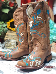 Load image into Gallery viewer, Ladies Tan W/Turq Floral Embroidery Women&#39;s Boots Circle G   