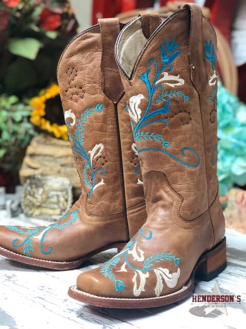 Ladies Tan W/Turq Floral Embroidery Women's Boots Circle G   